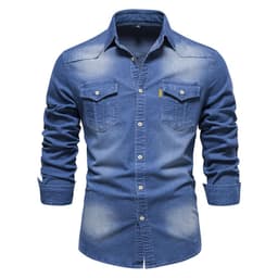 image-Men's Long Sleeve Denim Shirt Solid Color Casual Slim Fit