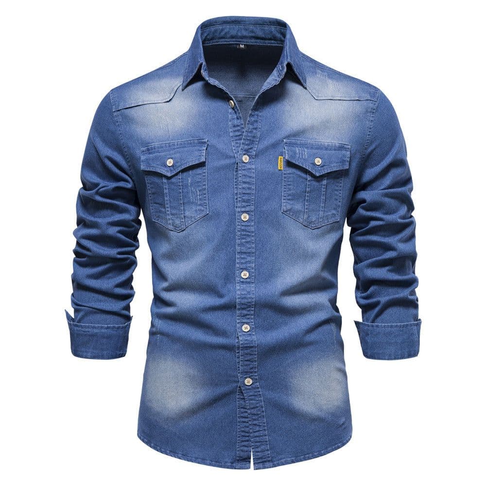 image-Men's Long Sleeve Denim Shirt Solid Color Casual Slim Fit