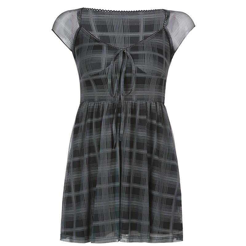image-Women's Square Neck Plaid Dress with Lace-Up Detail
