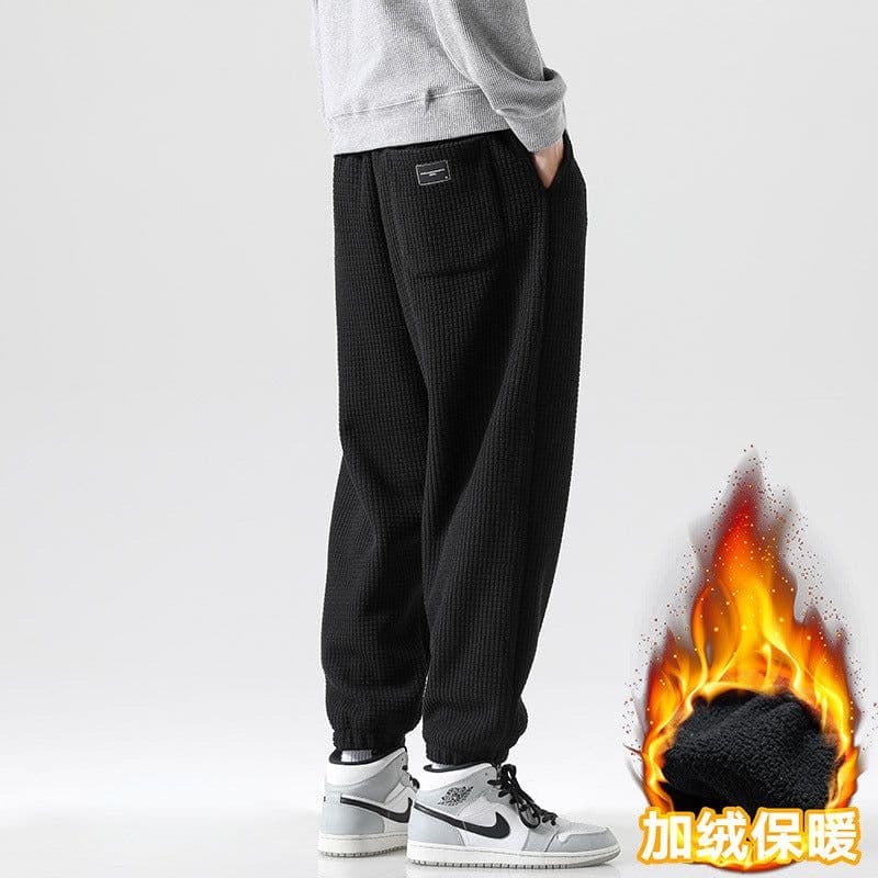 image-Men's Fleece Waffle Straight Leg Sweatpants Winter Warm Thick