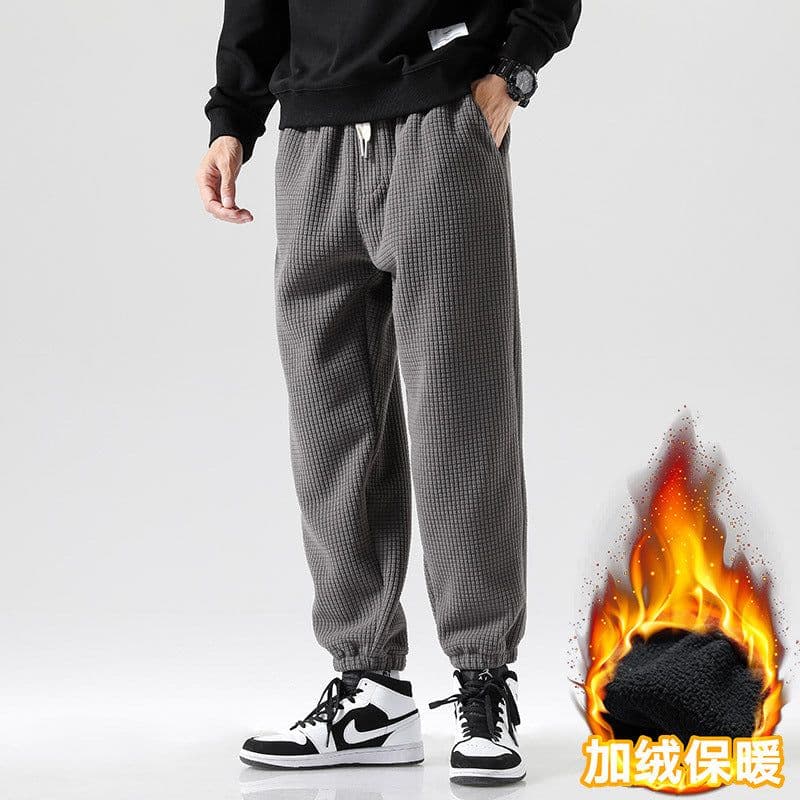 image-Men's Fleece Waffle Straight Leg Sweatpants Winter Warm Thick