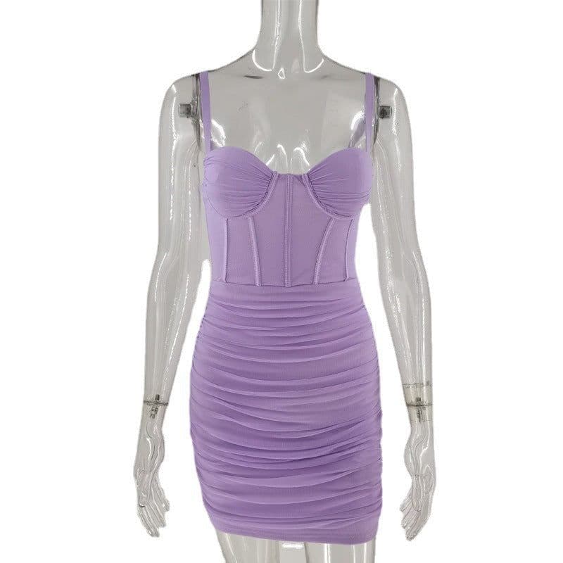 image-Women's Mesh Pleated Backless Suspender Dress