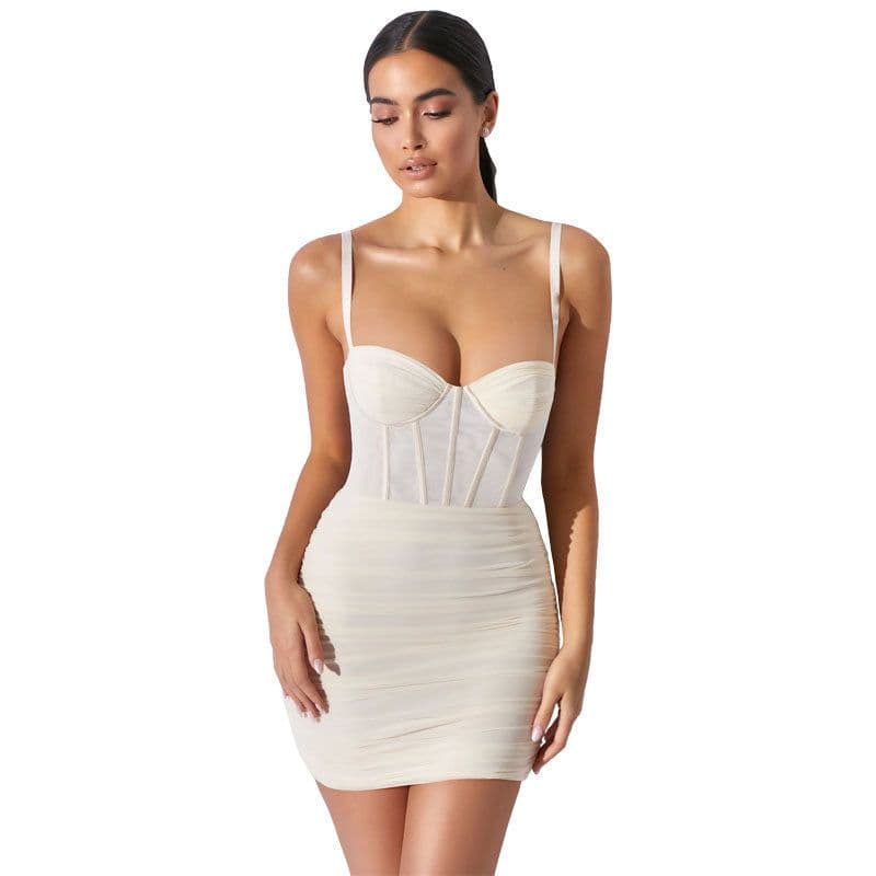 image-Women's Mesh Pleated Backless Suspender Dress