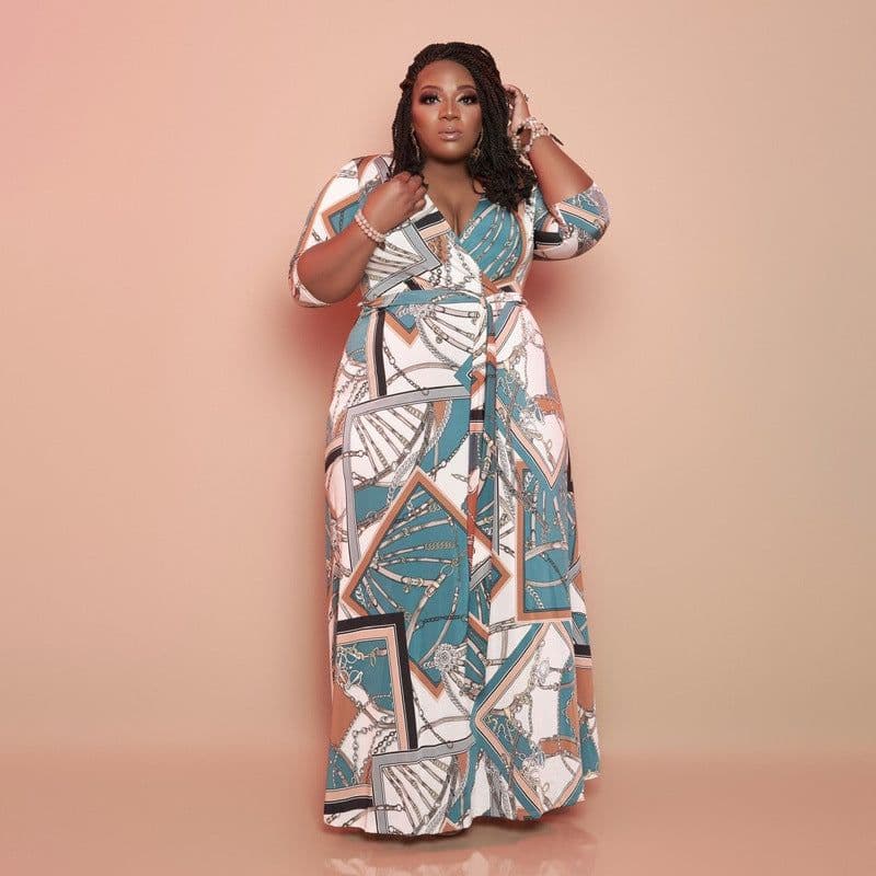 image-FAGADOER Plus Size V Neck Bandage Long Dress XL-5XL Print Vestidos