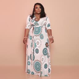 image-FAGADOER Plus Size V Neck Bandage Long Dress XL-5XL Print Vestidos