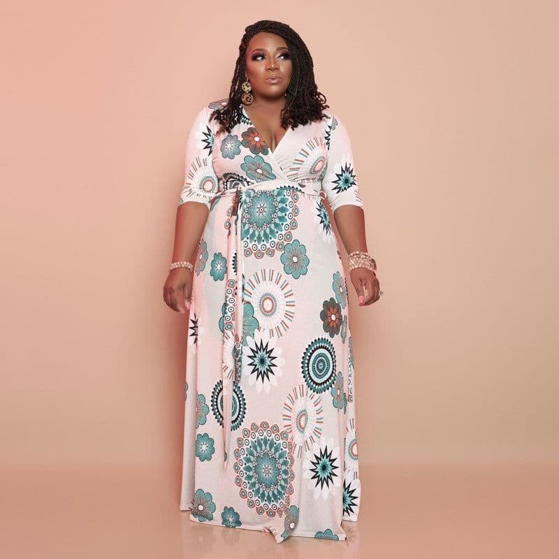 image-FAGADOER Plus Size V Neck Bandage Long Dress XL-5XL Print Vestidos