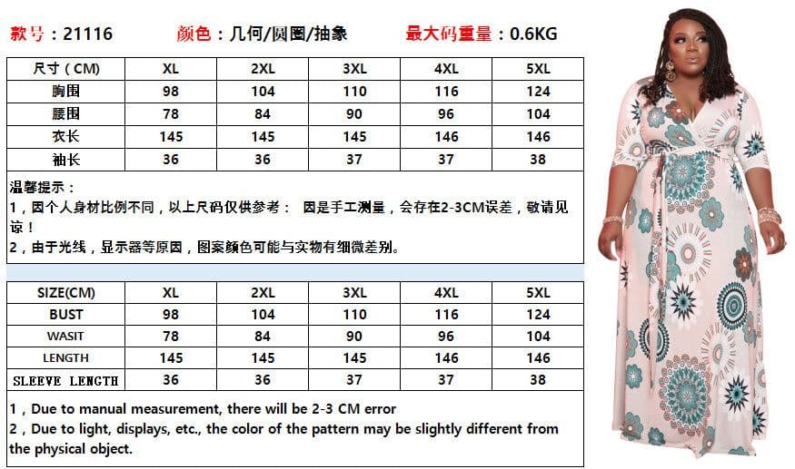 image-FAGADOER Plus Size V Neck Bandage Long Dress XL-5XL Print Vestidos