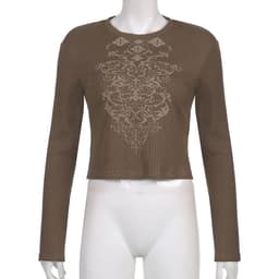 image-Women's Long Sleeve Pullover T-Shirt Brown Slim Fit Crew Neck