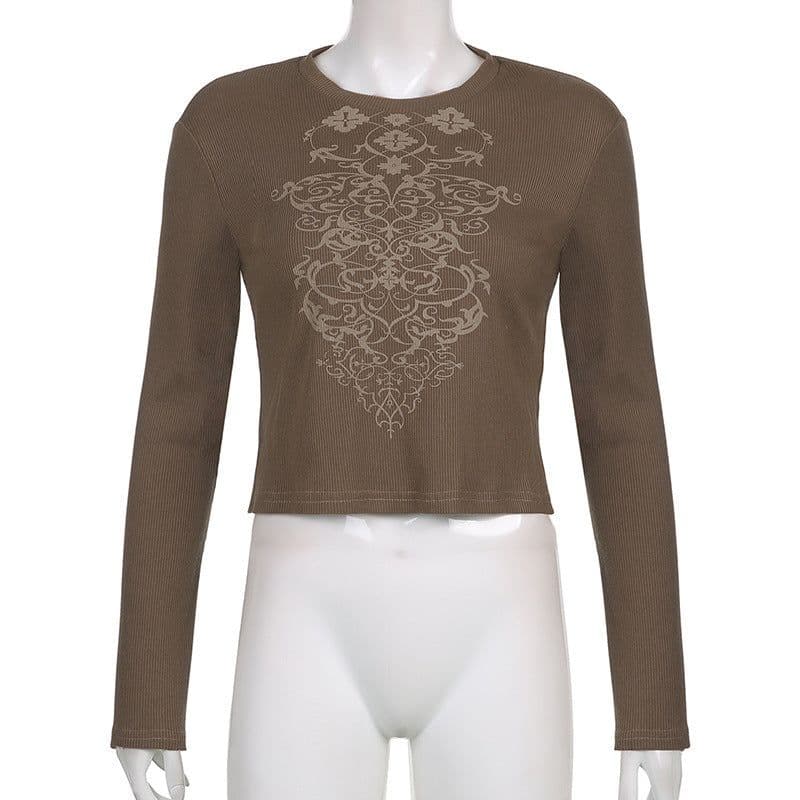 image-Women's Long Sleeve Pullover T-Shirt Brown Slim Fit Crew Neck