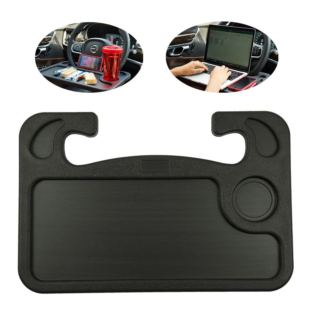 image-Car Steering Wheel Desk with Beverage Holder - Multifunctional Laptop Tray