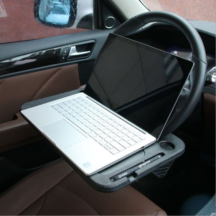 image-Car Steering Wheel Desk with Beverage Holder - Multifunctional Laptop Tray