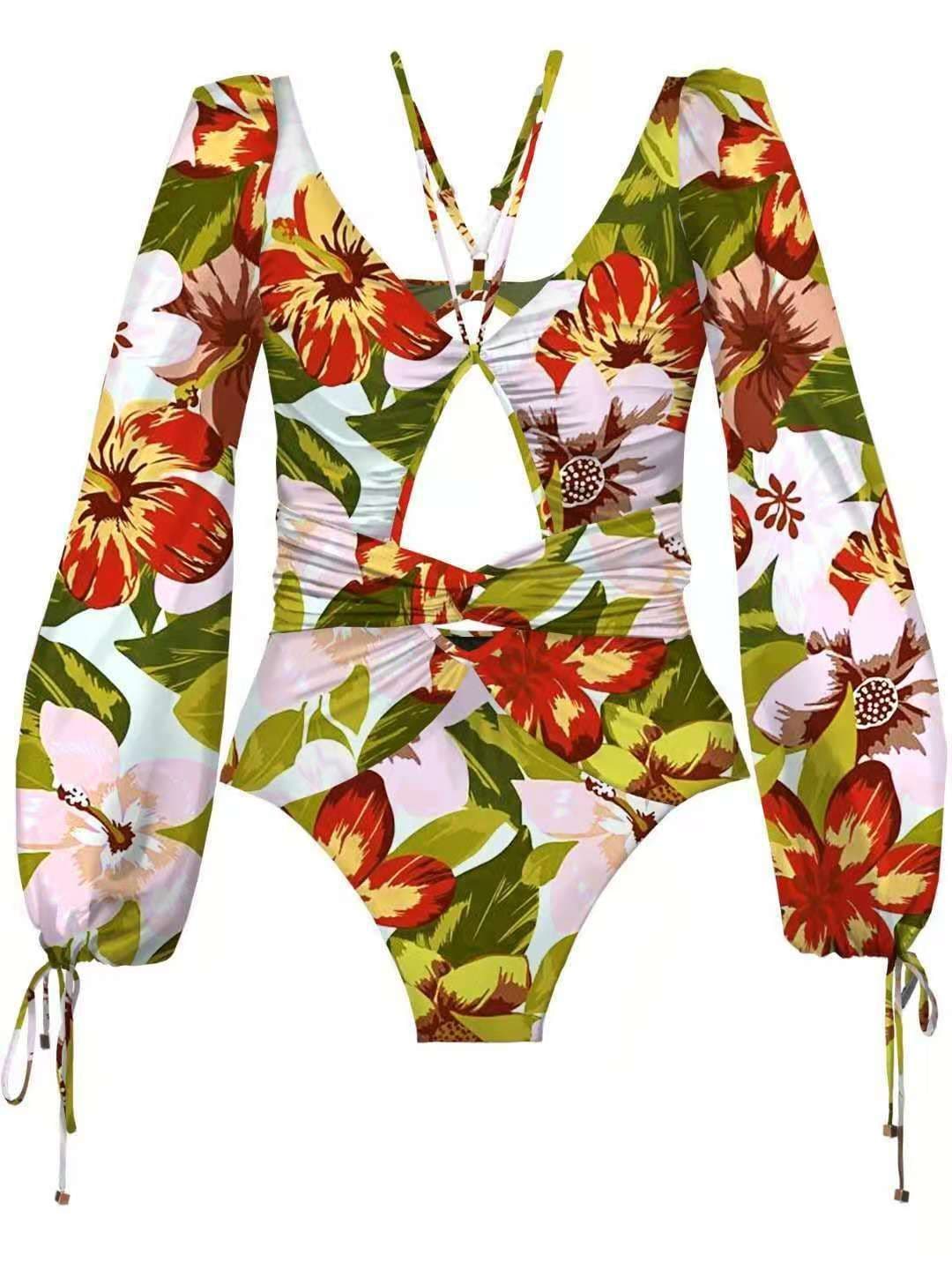 image-Women's One-Piece Printed Swimsuit Long Sleeve Bikini Polyester