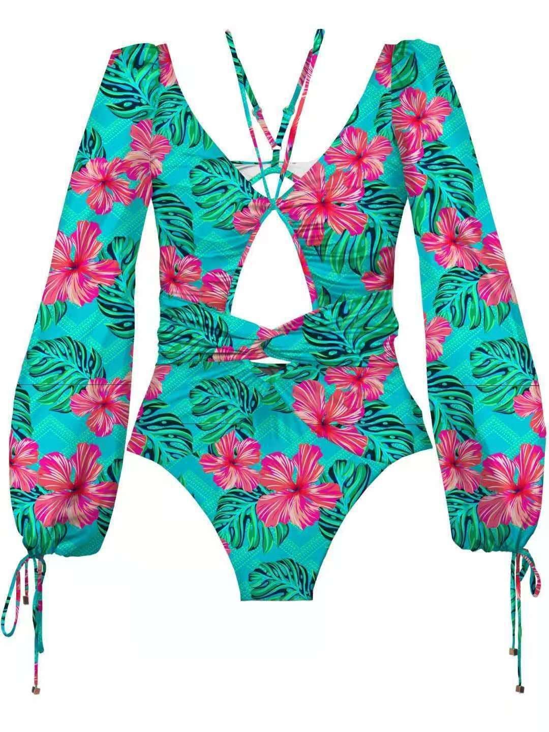 image-Women's One-Piece Printed Swimsuit Long Sleeve Bikini Polyester