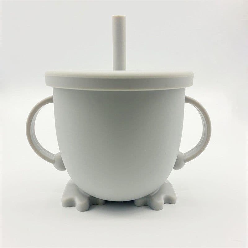 image-Silicone Straw Cup with Handle for Babies 2-10 Months Gray