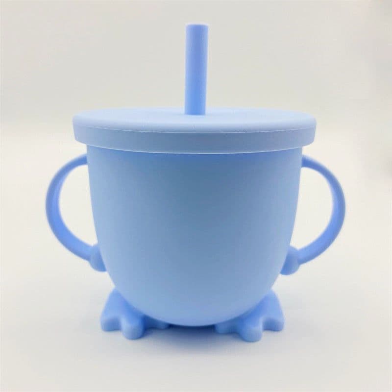 image-Silicone Straw Cup with Handle for Babies 2-10 Months Gray