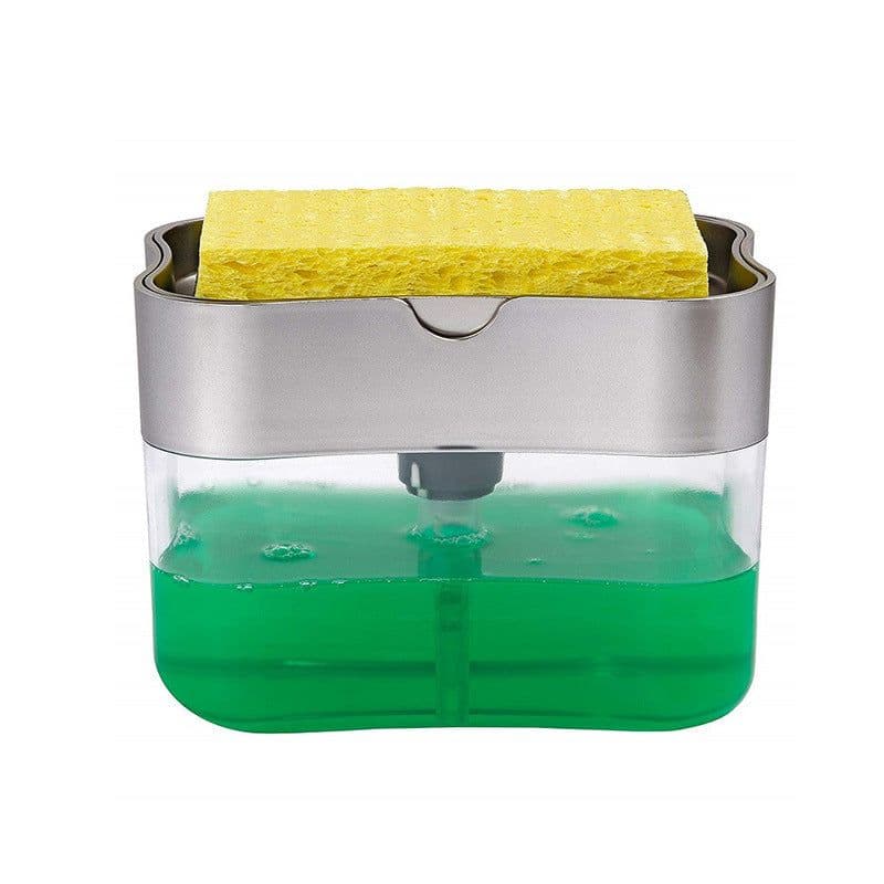 image-Kitchen Sink Press Soap Dispenser with Brush Holder - Silver