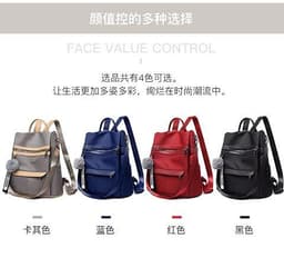 image-Women's Nylon Backpack with Pom Pom - Solid Color Commuter Bag