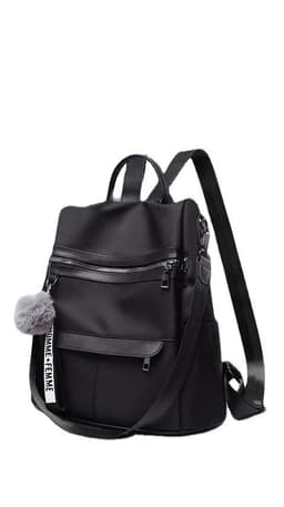 image-Women's Nylon Backpack with Pom Pom - Solid Color Commuter Bag