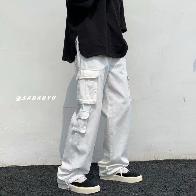 image-Men's Korean Style Multi-Pocket Cargo Overalls Straight Leg Pants