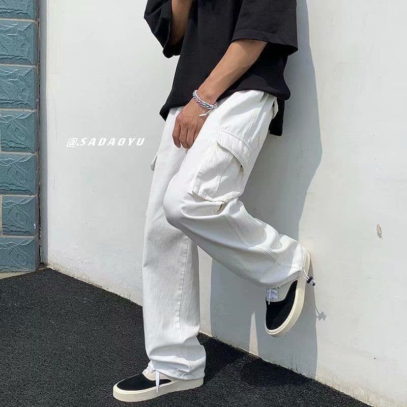 image-Men's Korean Style Multi-Pocket Cargo Overalls Straight Leg Pants
