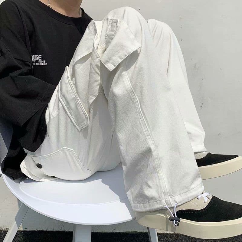 image-Men's Korean Style Multi-Pocket Cargo Overalls Straight Leg Pants