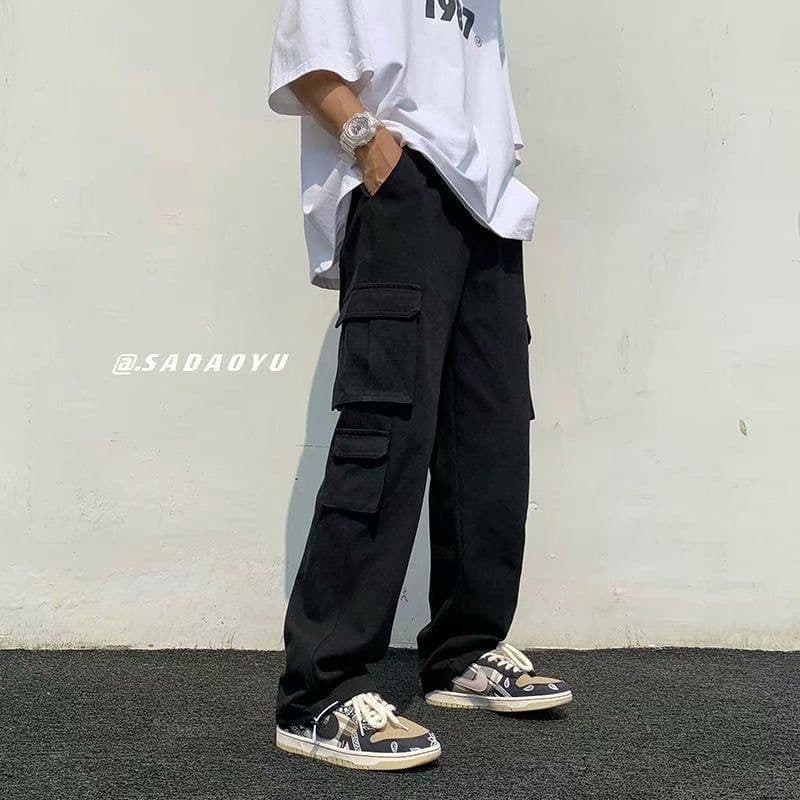 image-Men's Korean Style Multi-Pocket Cargo Overalls Straight Leg Pants