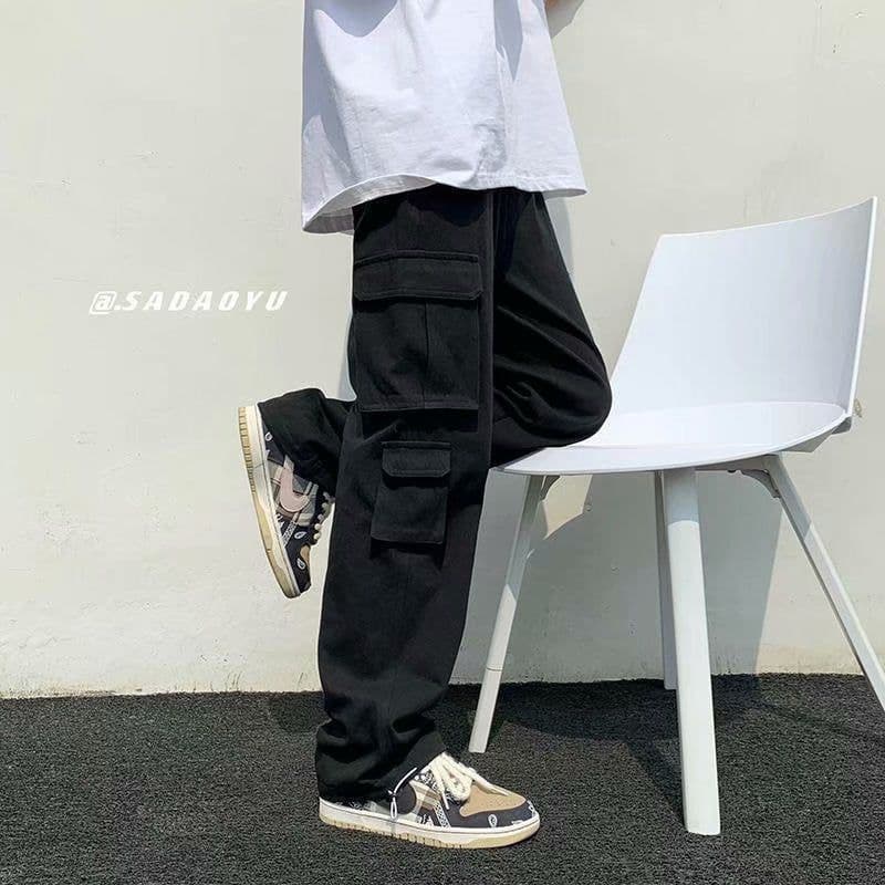 image-Men's Korean Style Multi-Pocket Cargo Overalls Straight Leg Pants