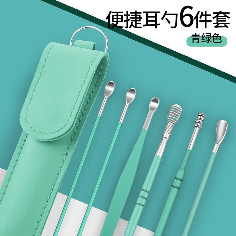image-Stainless Steel Ear Pick Spoon 6-Piece Set with Portable Case