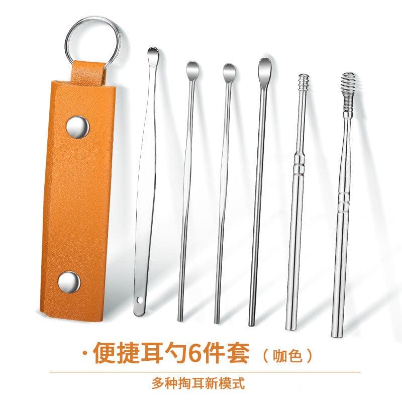 image-Stainless Steel Ear Pick Spoon 6-Piece Set with Portable Case