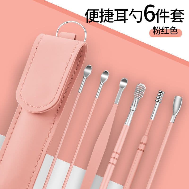 image-Stainless Steel Ear Pick Spoon 6-Piece Set with Portable Case