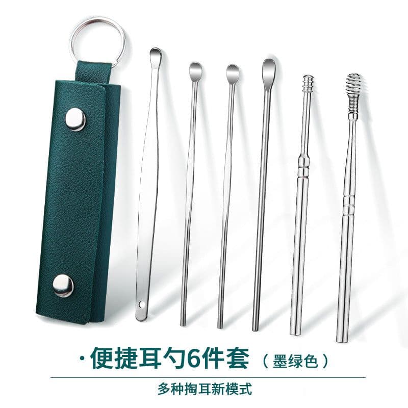 image-Stainless Steel Ear Pick Spoon 6-Piece Set with Portable Case