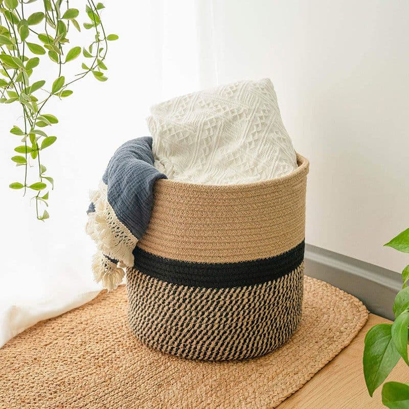 image-Cotton Rope Woven Storage Basket Round Flower Pot Organizer