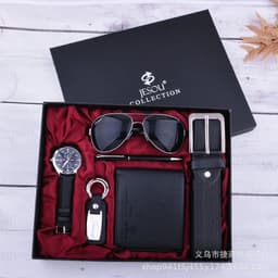 image-Men's Watch Brown Textile Strap Gift Set with Pen Wallet Keychain
