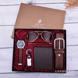 image-Men's Watch Brown Textile Strap Gift Set with Pen Wallet Keychain