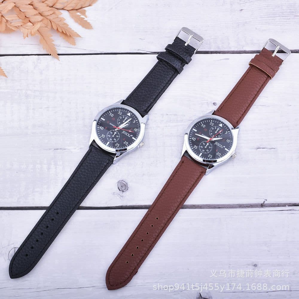 image-Men's Watch Brown Textile Strap Gift Set with Pen Wallet Keychain