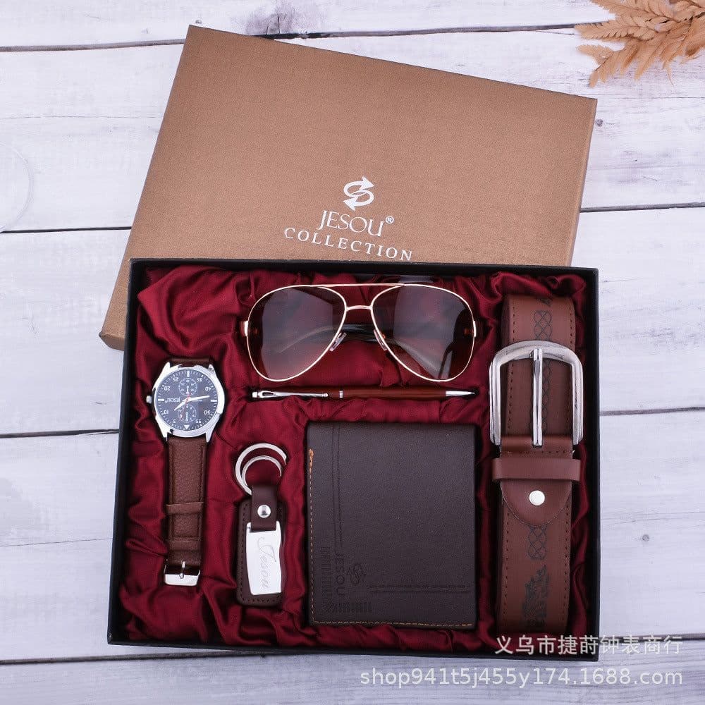 image-Men's Watch Brown Textile Strap Gift Set with Pen Wallet Keychain