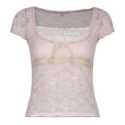 image-Women's Pink Lace Square Neck T-Shirt Short Sleeve Slim Fit Top