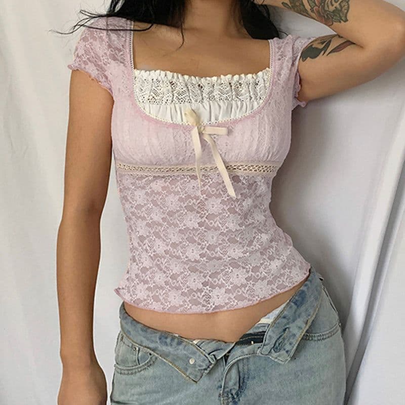 image-Women's Pink Lace Square Neck T-Shirt Short Sleeve Slim Fit Top