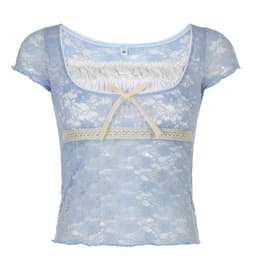 image-Women's Pink Lace Square Neck T-Shirt Short Sleeve Slim Fit Top