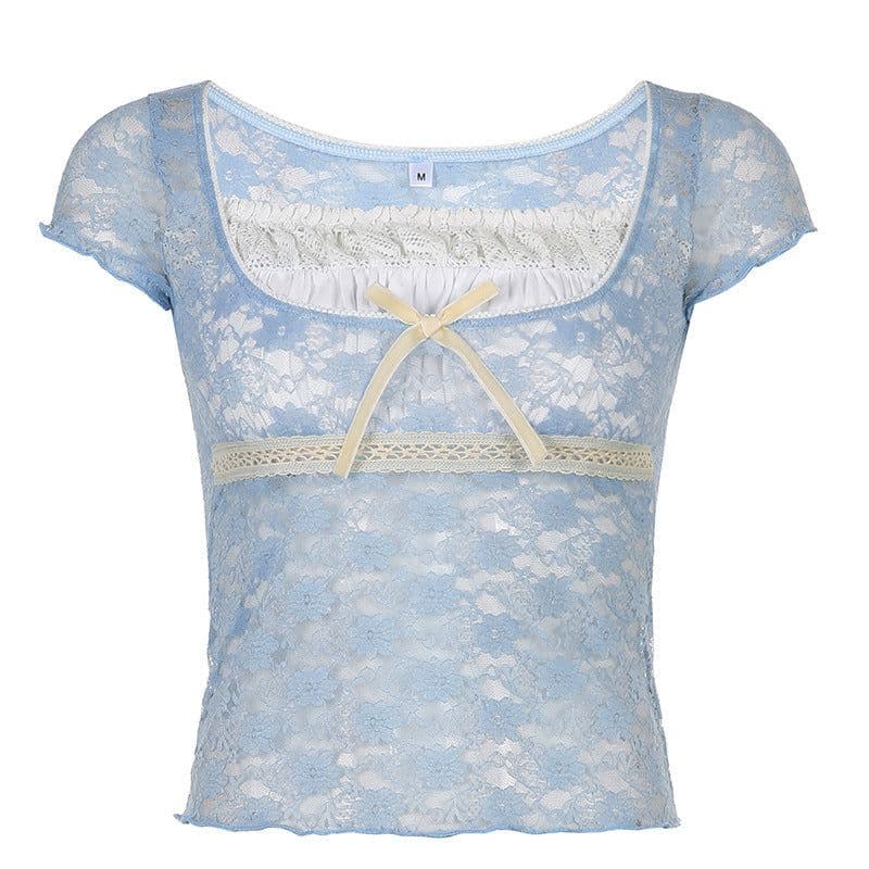 image-Women's Pink Lace Square Neck T-Shirt Short Sleeve Slim Fit Top