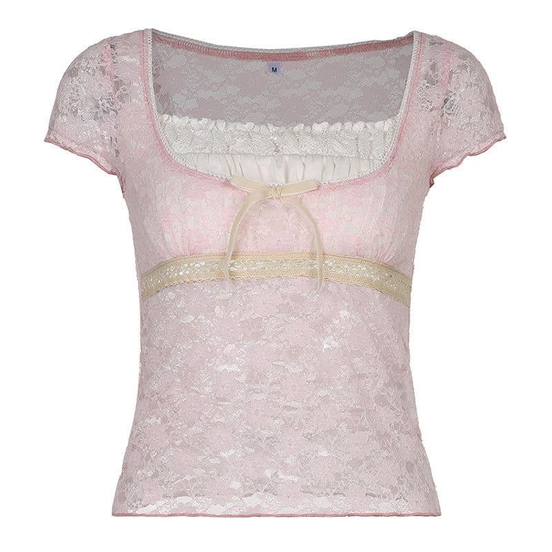 image-Women's Pink Lace Square Neck T-Shirt Short Sleeve Slim Fit Top