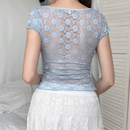 image-Women's Pink Lace Square Neck T-Shirt Short Sleeve Slim Fit Top