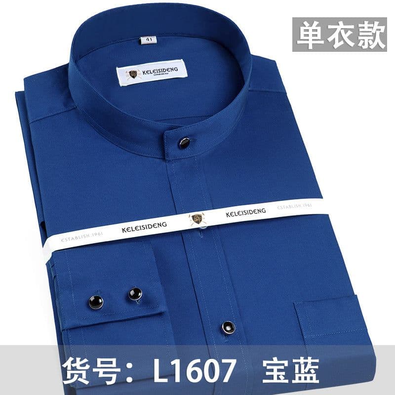 image-Men's Mercerized Cotton Stand Collar Long Sleeve Shirt Non-Iron