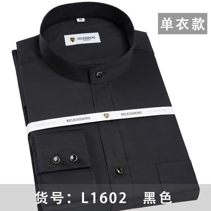 image-Men's Mercerized Cotton Stand Collar Long Sleeve Shirt Non-Iron