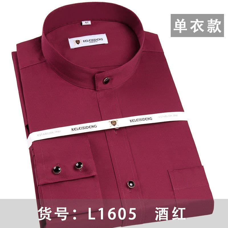image-Men's Mercerized Cotton Stand Collar Long Sleeve Shirt Non-Iron