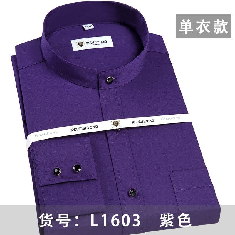 image-Men's Mercerized Cotton Stand Collar Long Sleeve Shirt Non-Iron