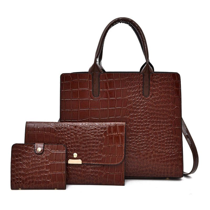 image-Women's PU Leather Handbag Set Crocodile Pattern Shoulder Bag Brown