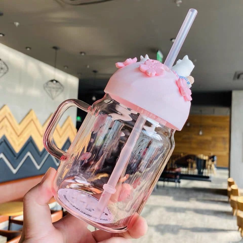 image-Star Papa Sakura Glass Water Cup with Straw 401-500ml