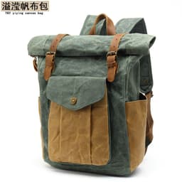 image-Men's Canvas Backpack 20-35L Water Resistant Leather Travel Bag
