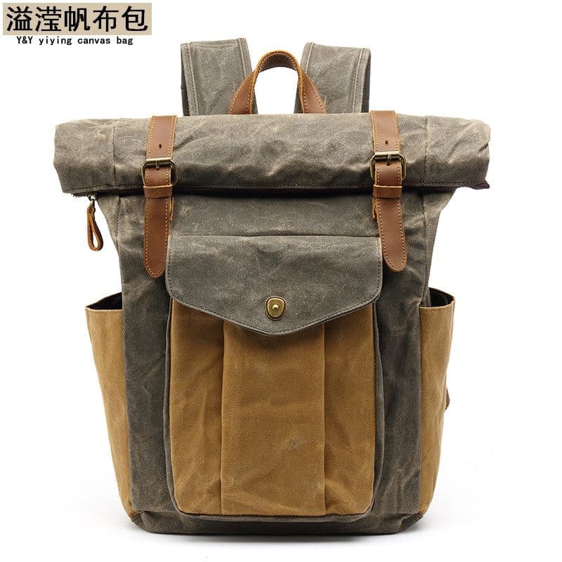 image-Men's Canvas Backpack 20-35L Water Resistant Leather Travel Bag